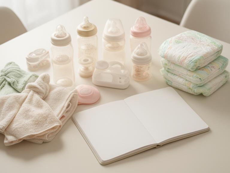 Parent organising baby essentials and a budget notebook on a clean dining table