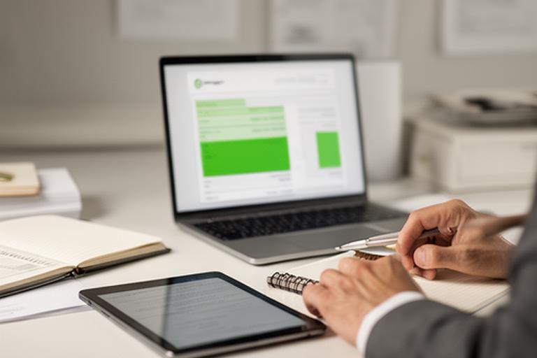Independent consultant reviewing retainer invoice terms in a quiet office with notebook and tablet