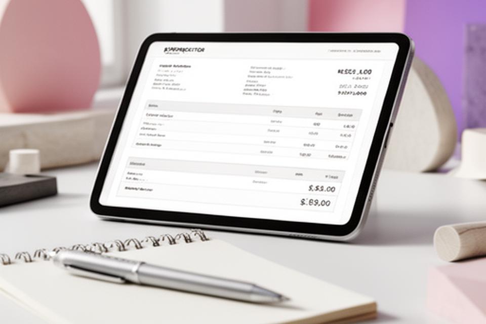 Elegant invoice preview on a tablet beside a notebook and pen in a bright studio workspace