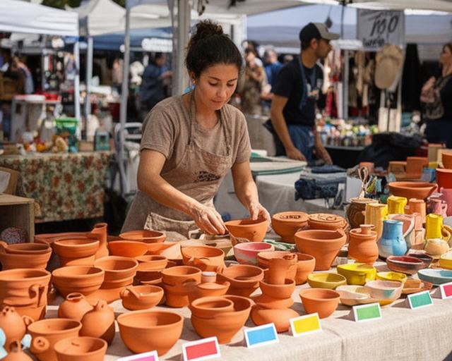 Artist selling handmade pottery at a craft fair table with labelled price cards