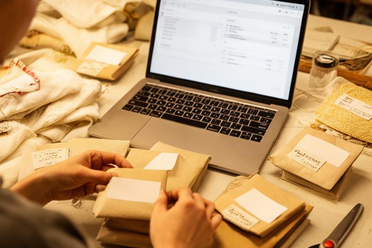 Etsy craft seller packing handmade goods beside a laptop with invoice line items and material costs
