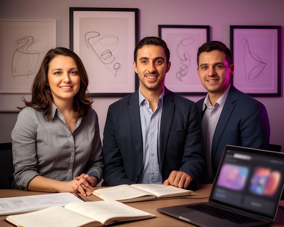 Founding team portrait in a softly lit Indianapolis office with notebooks, a laptop, and framed product sketches