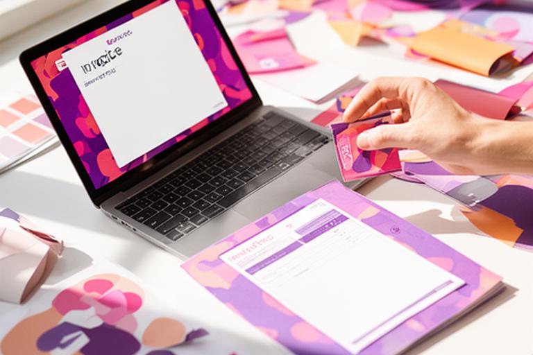 Graphic designer arranging brand assets and invoice details on a bright desk with colour swatches