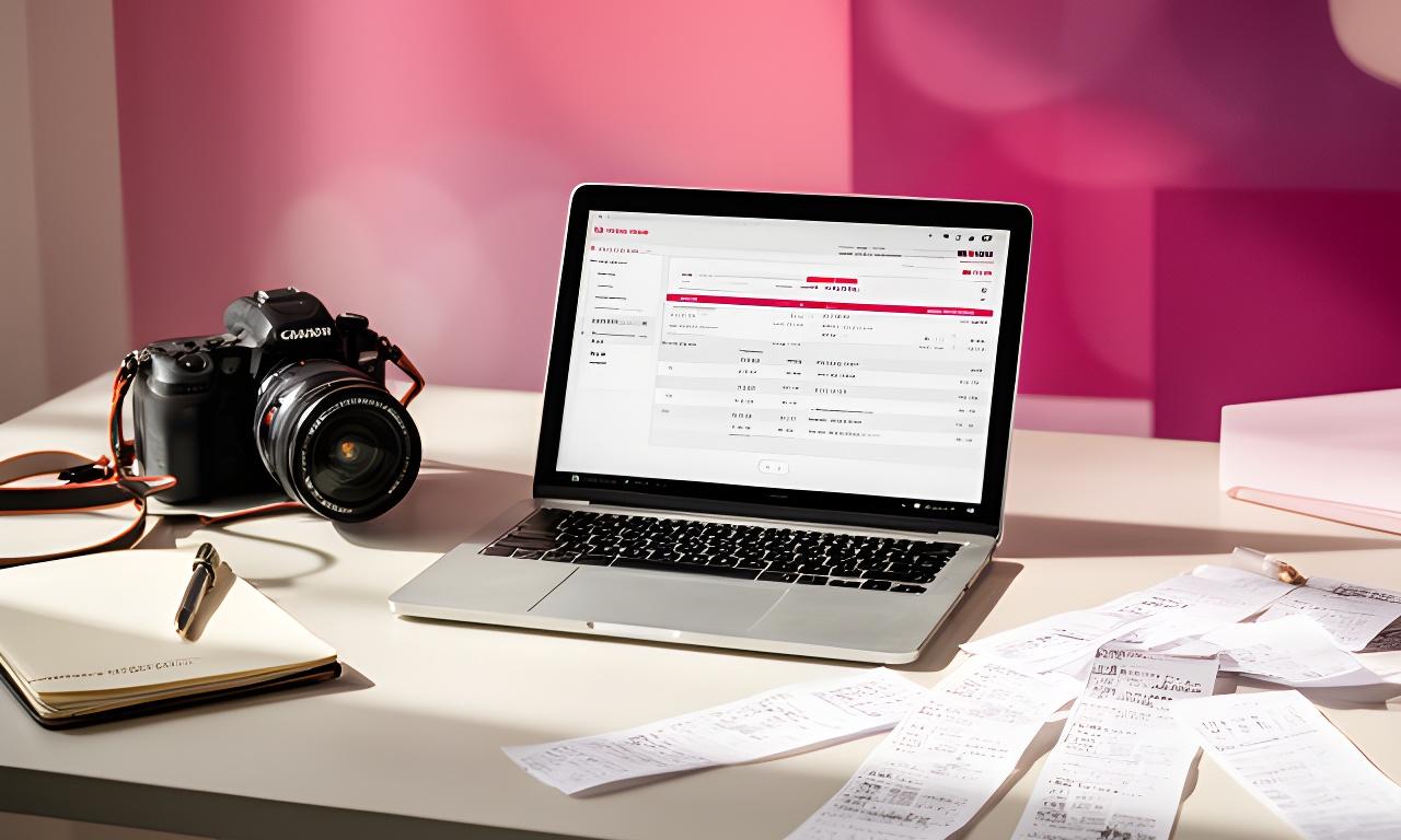 Independent contractors planning invoices and receipts at a modern desk with camera, notebook, and laptop