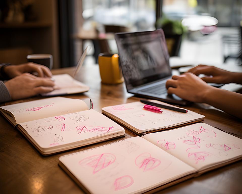 Small founders meeting in a warm coffee shop near Indianapolis with notebooks, laptops, and tax sketches on the table