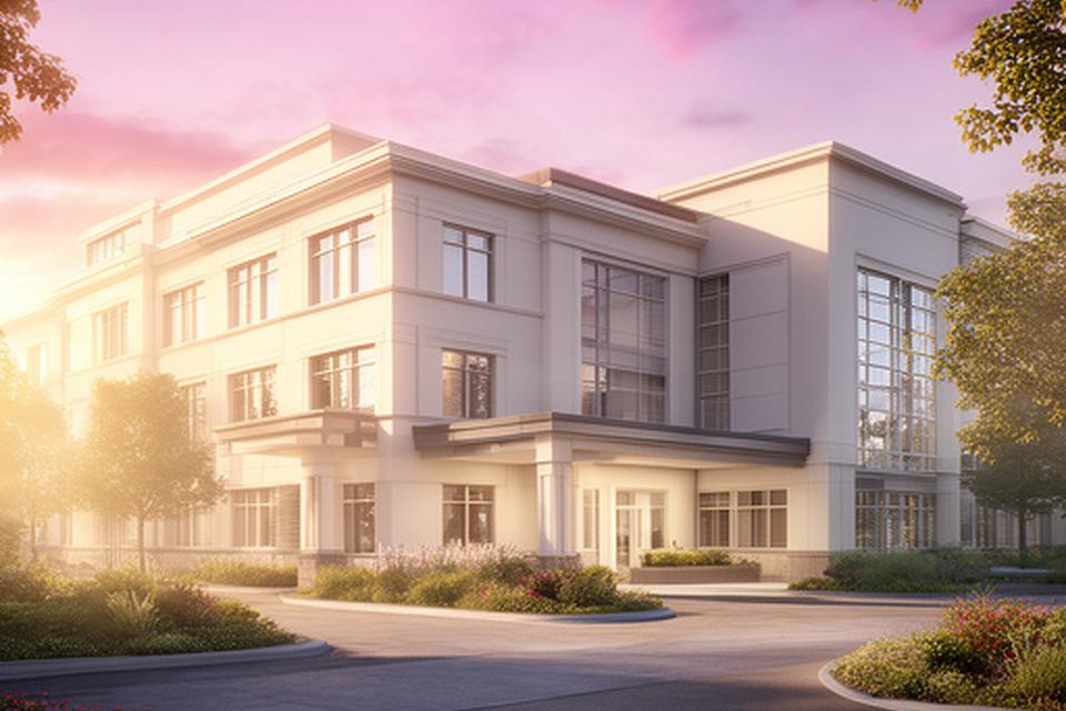 Modern office exterior on Swanson Drive in Indianapolis with warm evening light