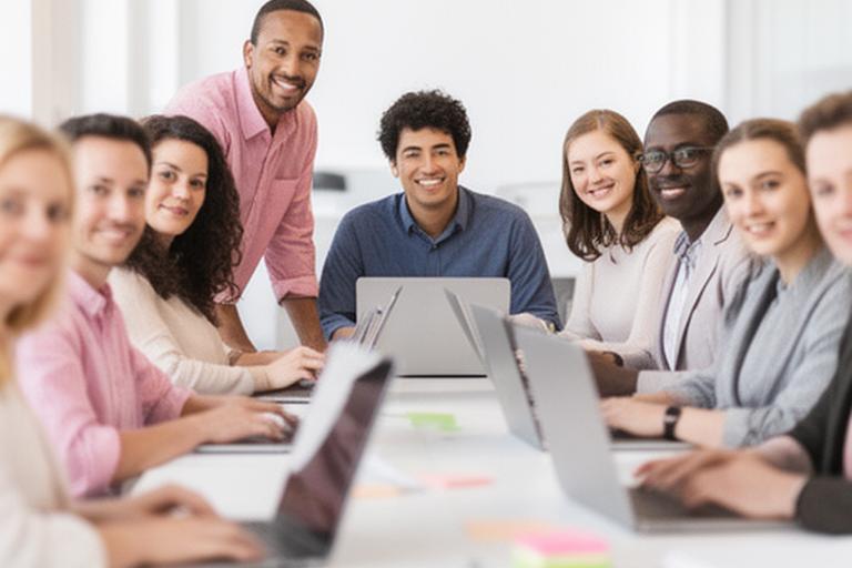 Diverse Indianapolis support team meeting around a desk with laptops and client notes