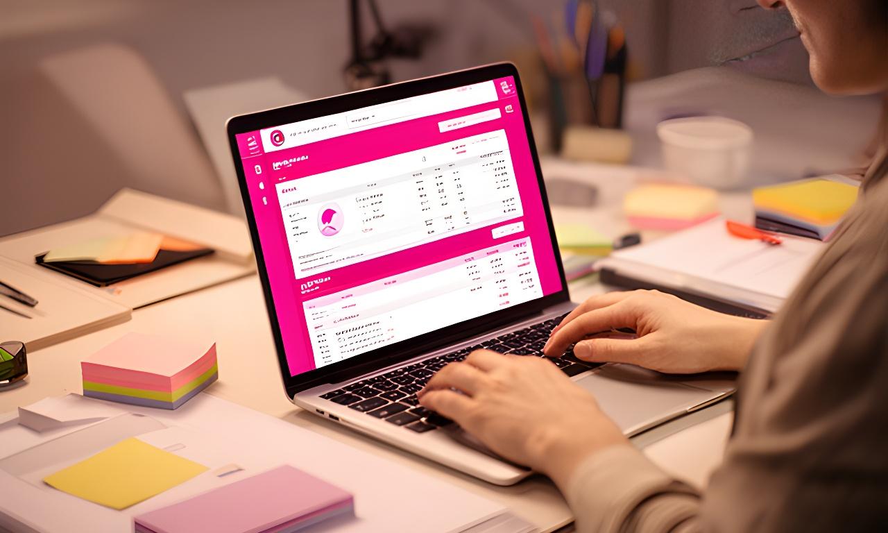 Freelance designer reviewing a polished invoice dashboard on a laptop in a softly lit studio