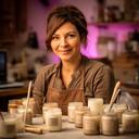 Candle maker arranging finished jars beside a laptop in a warm workshop