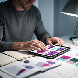 Lead designer arranging interface mockups on a tablet and notebook in a modern workspace