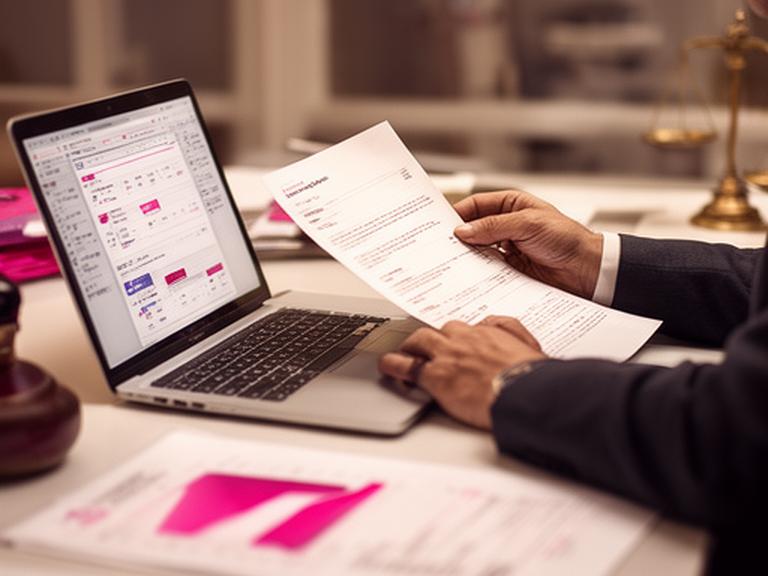 Professional reviewing financial documents beside a laptop in a softly lit office with polished brass details
