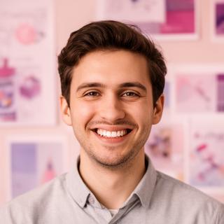 Brand identity designer smiling in a modern studio with printed mood boards on the wall