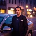 Rideshare driver standing beside a city car at dusk