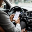 Rideshare driver checking mileage and earnings on a phone inside a parked car