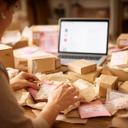 Etsy seller packing handmade items beside a laptop and printed order slips