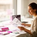 Freelance graphic designer reviewing invoices at a bright work desk