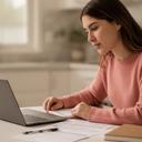 Young parent reviewing a budgeting plan beside a laptop at a kitchen table