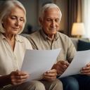 Retired couple reviewing pension paperwork in a quiet living room with warm light